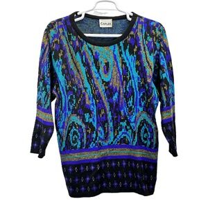 Vintage 90s The Complex Multicolor Abstract Paisley Womens‎ Pullover Sweater Lg.